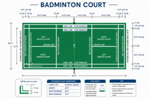 Badminton court measurement chart with net, posts, and court markings